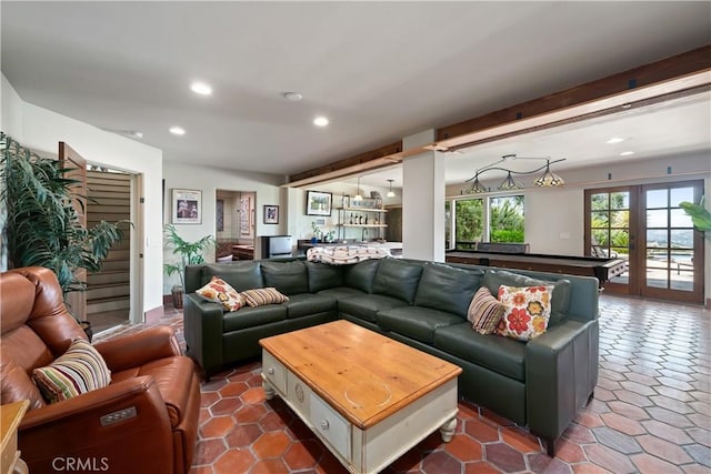 8300 San Diego Rd, Atascadero, CA 93422 - living room featuring recessed lighting, dark tile patterned floors, and stairs