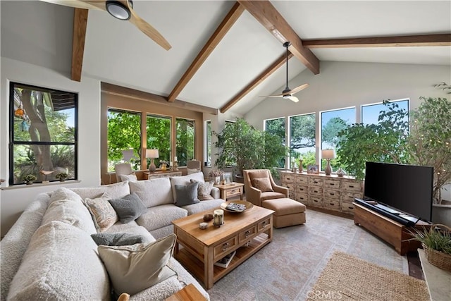 8300 San Diego Rd, Atascadero, CA 93422 - living room featuring a ceiling fan, beamed ceiling, high vaulted ceiling, and healthy amount of natural light
