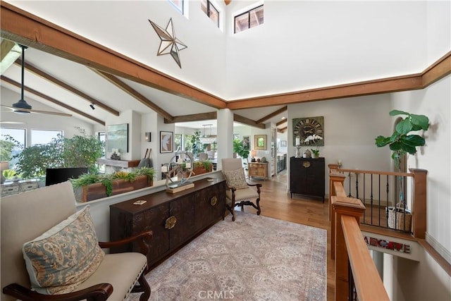 8300 San Diego Rd, Atascadero, CA 93422 - living room featuring wood finished floors, beamed ceiling, ceiling fan, and high vaulted ceiling