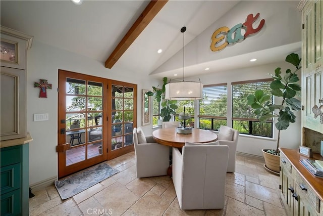 8300 San Diego Rd, Atascadero, CA 93422 - dining room with stone tile flooring, recessed lighting, french doors, beam ceiling, and high vaulted ceiling