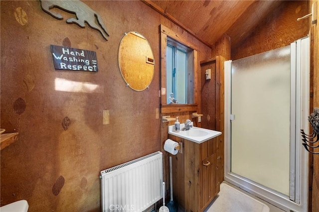 8201 W W Side Potter Valley Rd, Potter Valley, CA 95469 - full bath with radiator heating unit, vanity, a shower stall, vaulted ceiling, and wooden ceiling