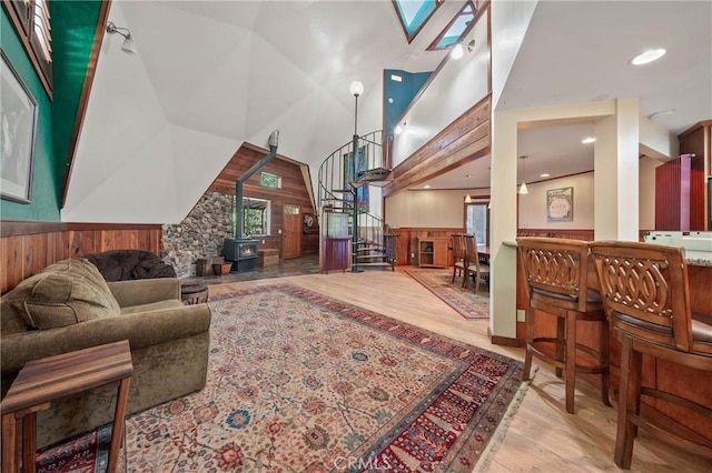 8201 W W Side Potter Valley Rd, Potter Valley, CA 95469 - lobby with a towering ceiling, stairs, wood walls, recessed lighting, and wainscoting