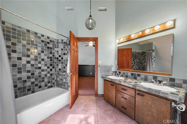 8201 W W Side Potter Valley Rd, Potter Valley, CA 95469 - full bathroom featuring double vanity, tile patterned floors, ceiling fan, and shower / bath combo