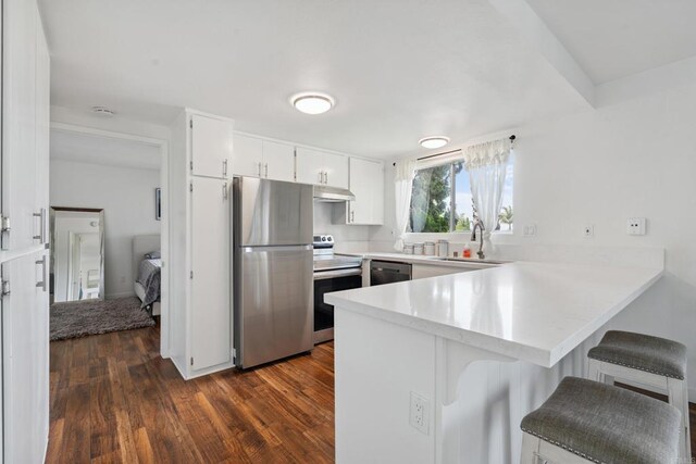 155 Rosebay Dr Unit 31, Encinitas, CA 92024 - kitchen featuring stainless steel appliances, a peninsula, under cabinet range hood, dark wood finished floors, and white cabinets
