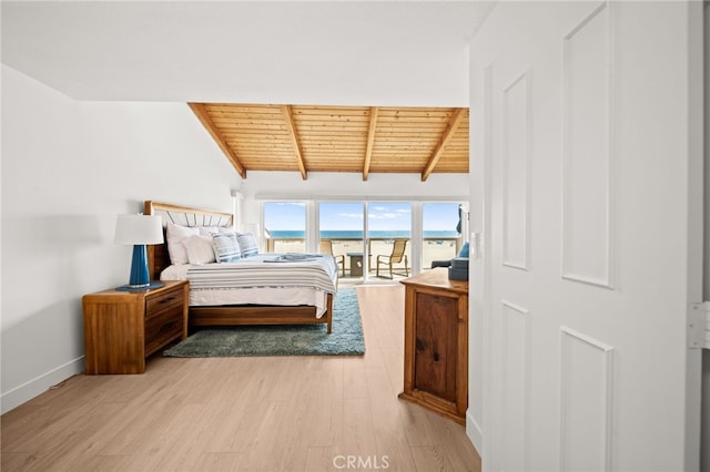 1924 W Oceanfront, Newport Beach, CA 92663 - bedroom with a wooden ceiling with exposed beams, wood finished floors, and access to outside