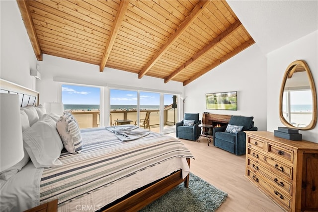 1924 W Oceanfront, Newport Beach, CA 92663 - bedroom with access to outside, wood ceiling, multiple windows, light wood-style floors, and a water view