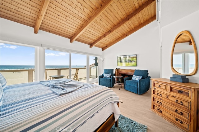 1924 W Oceanfront, Newport Beach, CA 92663 - bedroom featuring a wood ceiling with exposed beams, a water view, access to outside, light wood-style floors, and high vaulted ceiling