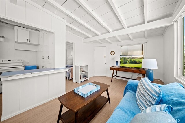 1924 W Oceanfront, Newport Beach, CA 92663 - living room featuring light wood finished floors and a wooden ceiling with exposed beams