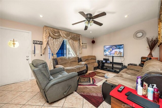 1258 N Ditman Ave, Los Angeles, CA 90063 - living room with a ceiling fan, light tile patterned flooring, recessed lighting, and a wall unit AC