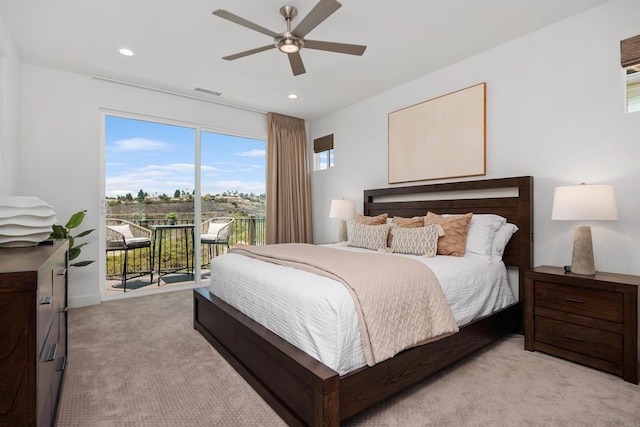 3002 Villeta Ave, Carlsbad, CA 92010 - bedroom featuring access to exterior, light carpet, recessed lighting, and a ceiling fan
