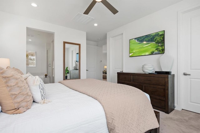 3002 Villeta Ave, Carlsbad, CA 92010 - bedroom featuring light colored carpet, recessed lighting, ceiling fan, and ensuite bath