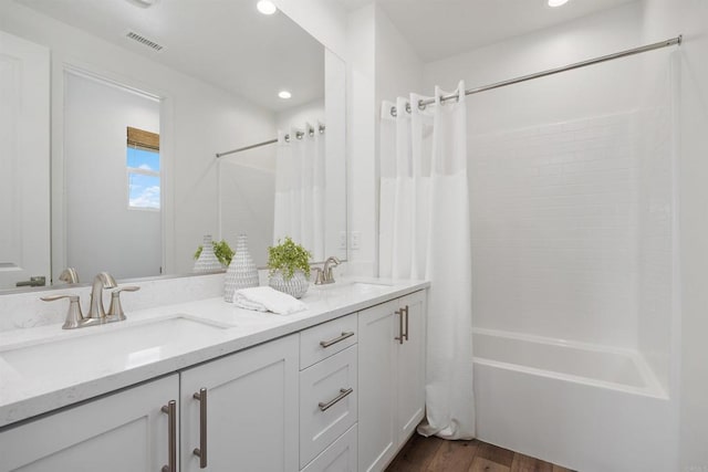 3002 Villeta Ave, Carlsbad, CA 92010 - full bathroom featuring shower / tub combo with curtain, double vanity, wood finished floors, and recessed lighting