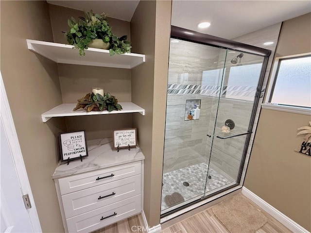 9150 Boxwood Ave, Fontana, CA 92335 - bathroom with a shower stall and recessed lighting