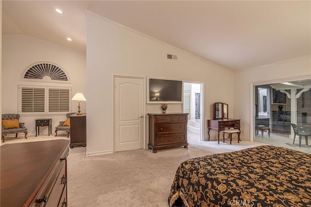 19809 Winged Foot Way, Porter Ranch, CA 91326 - bedroom featuring light colored carpet, high vaulted ceiling, and ensuite bathroom