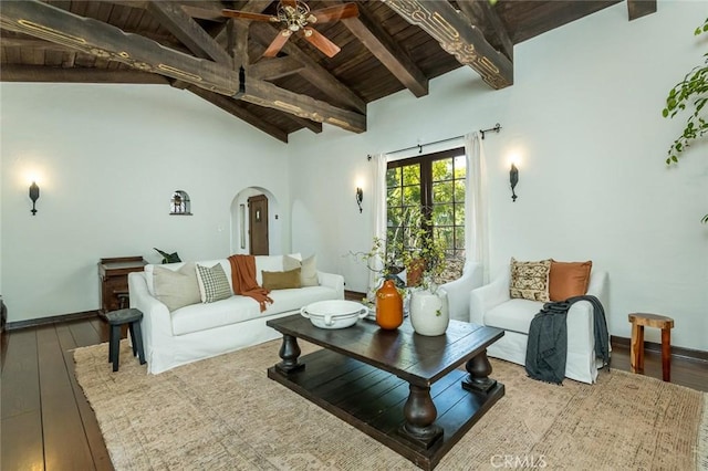 611 E Mountain St, Glendale, CA 91207 - living area featuring arched walkways, wood-type flooring, a wooden ceiling with exposed beams, ceiling fan, and high vaulted ceiling