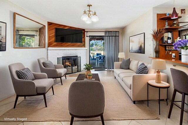 3329 Mandy Ln, Spring Valley, CA 91977 - tiled living room with a chandelier and a brick fireplace