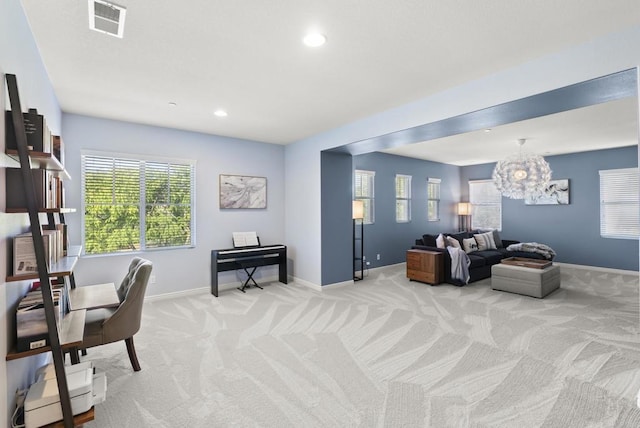 11550 Carowind Ln, Scripps Miramar, CA 92131 - home office with light colored carpet, a chandelier, and recessed lighting