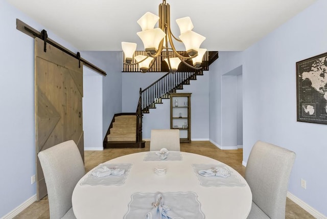 11550 Carowind Ln, Scripps Miramar, CA 92131 - dining space with stairway, a barn door, and a chandelier