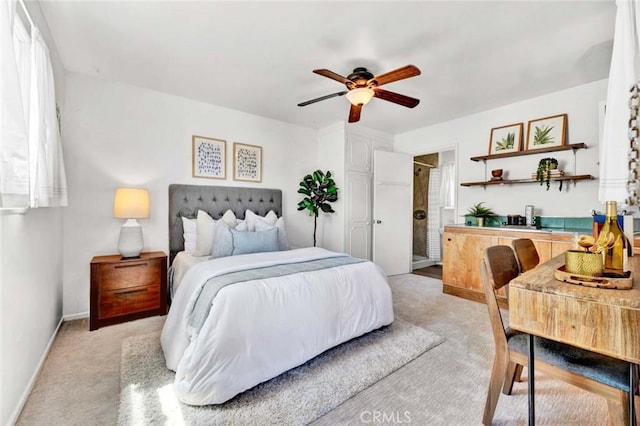 300 34th St, Newport Beach, CA 92663 - bedroom featuring light carpet, a ceiling fan, connected bathroom, and multiple windows
