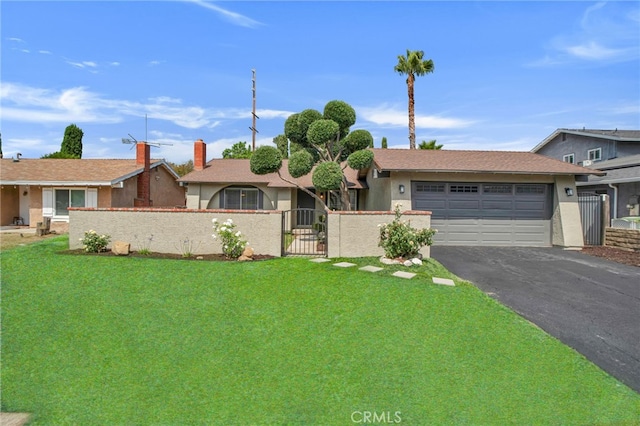 10555 Vassar Ave, Chatsworth, CA 91311 - ranch-style house featuring a fenced front yard, an attached garage, asphalt driveway, and stucco siding