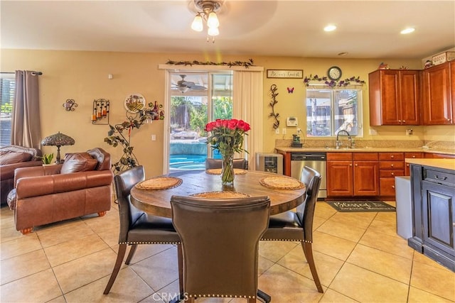 2168 Stonewood St, Mentone, CA 92359 - dining room with a ceiling fan, healthy amount of natural light, light tile patterned flooring, wine cooler, and recessed lighting