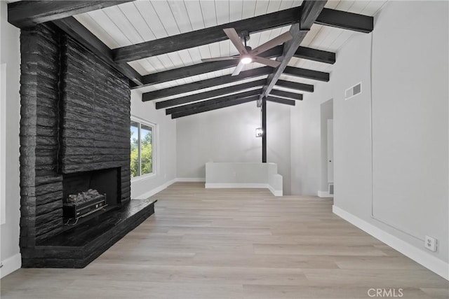 503 Saint Andrews Rd Unit E, Newport Beach, CA 92663 - unfurnished living room featuring ceiling fan, a stone fireplace, wood finished floors, and wooden ceiling