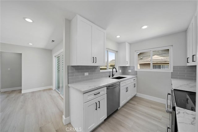 503 Saint Andrews Rd Unit E, Newport Beach, CA 92663 - kitchen with stainless steel appliances, light stone countertops, white cabinetry, tasteful backsplash, and recessed lighting