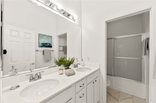 40065 Temple Ct, Murrieta, CA 92563 - full bath featuring marble finish floors, double vanity, and shower / bath combination with glass door