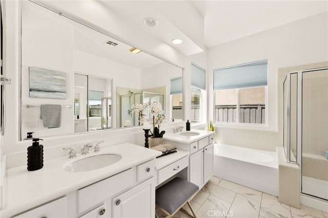 40065 Temple Ct, Murrieta, CA 92563 - bathroom with vanity, a stall shower, a bath, marble finish flooring, and recessed lighting