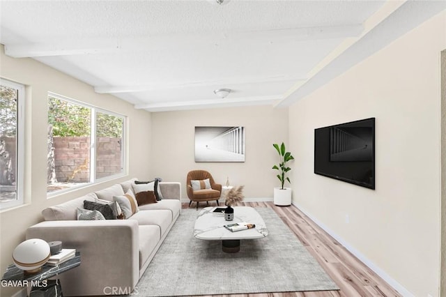37858 10th St E, Palmdale, CA 93550 - living area featuring light wood-style floors, beam ceiling, and a textured ceiling