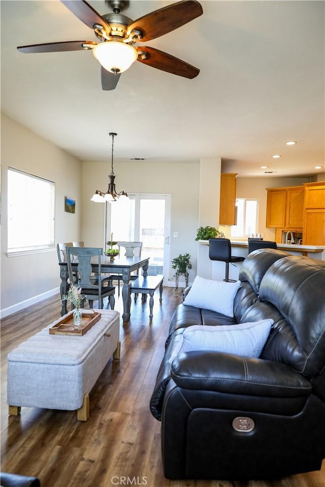 1639 La Selva Ave, Grover Beach, CA 93433 - living area featuring dark wood finished floors, a ceiling fan, and recessed lighting