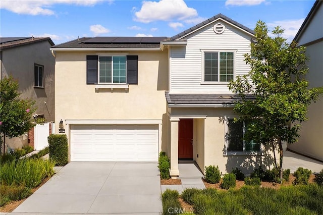 16471 Globetrotter St, Chino, CA 91708 - traditional-style home featuring an attached garage, concrete driveway, solar panels, and stucco siding