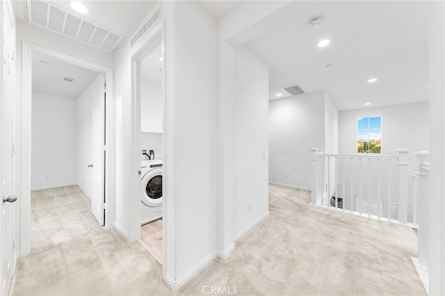 16471 Globetrotter St, Chino, CA 91708 - hall featuring washer / clothes dryer, carpet floors, an upstairs landing, and recessed lighting