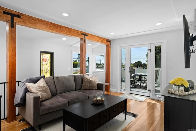 608 Forward St, La Jolla, CA 92037 - living area featuring light wood-style floors, recessed lighting, beamed ceiling, and a barn door