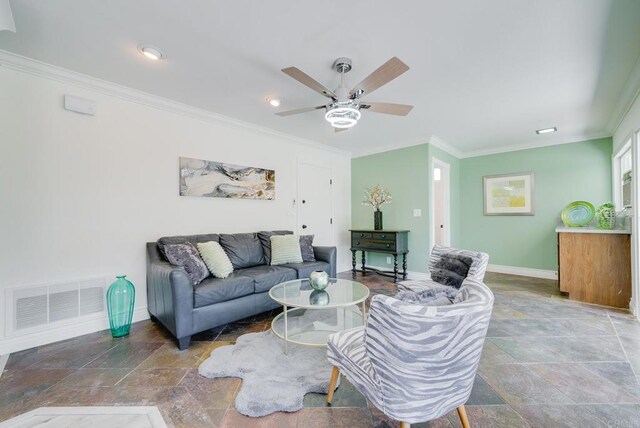 15020 Penasquitos Dr, Rancho Penasquitos, CA 92129 - living area featuring crown molding, a ceiling fan, stone tile flooring, and recessed lighting