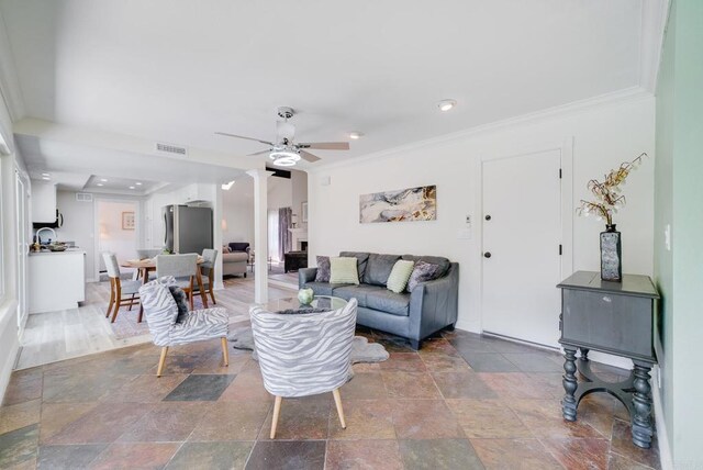 15020 Penasquitos Dr, Rancho Penasquitos, CA 92129 - living room featuring stone tile floors, ceiling fan, crown molding, and recessed lighting