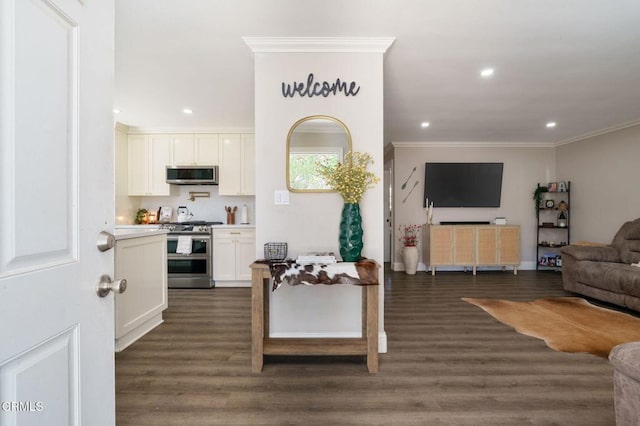 208 S 4th St, Santa Paula, CA 93060 - living area featuring crown molding, recessed lighting, and dark wood-style floors