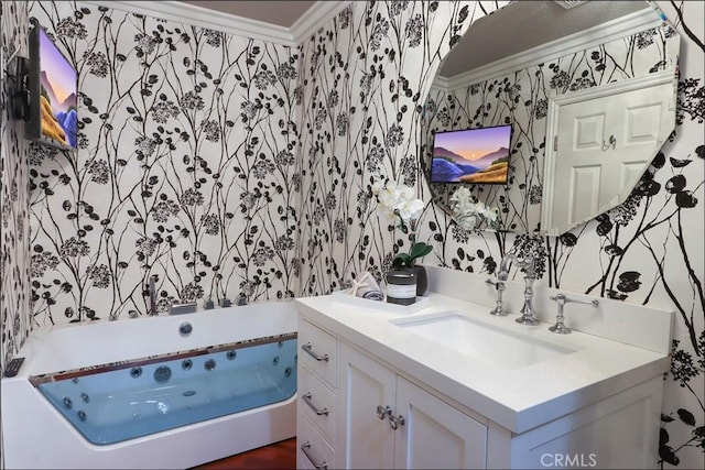 25225 Avenida Tranquila, Lake Forest, CA 92630 - bathroom with wallpapered walls, ornamental molding, vanity, and a tub with jets