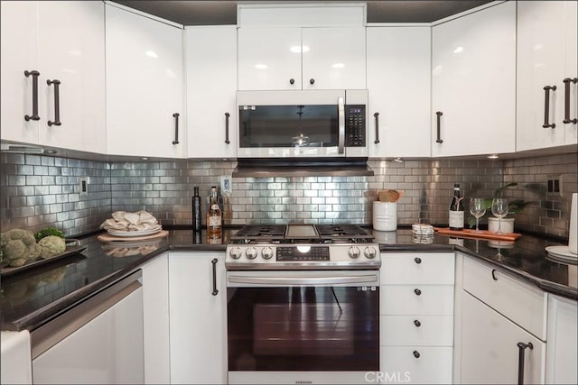 25225 Avenida Tranquila, Lake Forest, CA 92630 - kitchen with stainless steel range with gas cooktop, white cabinets, dishwasher, and tasteful backsplash