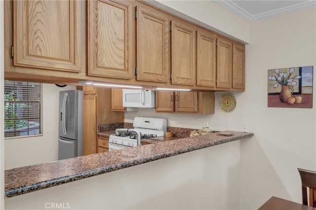 1645 Clark Ave Unit 115, Long Beach, CA 90815 - kitchen with white appliances, dark stone counters, and ornamental molding