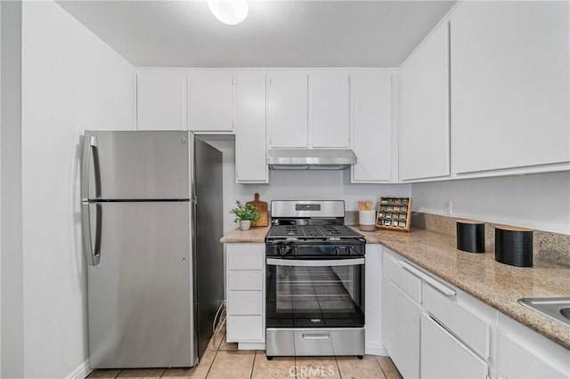 23640 Monument Canyon Dr Unit C, Diamond Bar, CA 91765 - kitchen featuring stainless steel appliances, under cabinet range hood, white cabinets, and light tile patterned floors