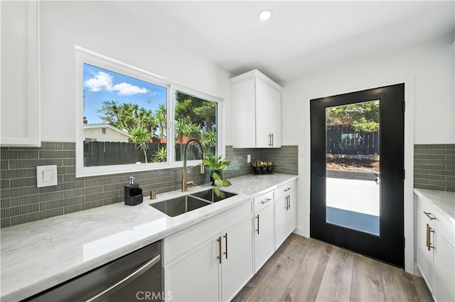 5243 Tara Pl, San Diego, CA 92117 - kitchen with dishwasher, decorative backsplash, plenty of natural light, white cabinetry, and recessed lighting