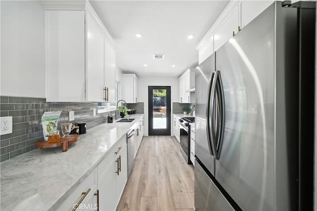 5243 Tara Pl, San Diego, CA 92117 - kitchen featuring stainless steel appliances, light wood-style flooring, decorative backsplash, white cabinetry, and recessed lighting