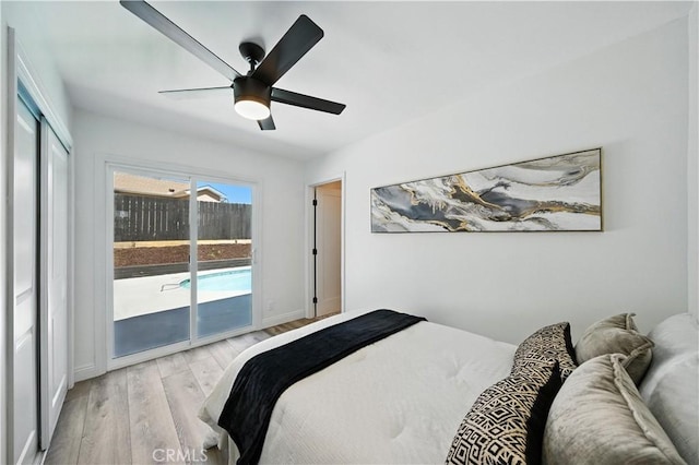 5243 Tara Pl, San Diego, CA 92117 - bedroom with access to outside, wood finished floors, and a ceiling fan