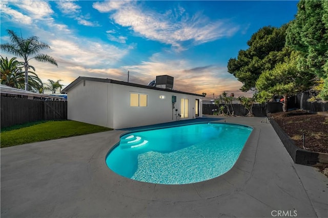 5243 Tara Pl, San Diego, CA 92117 - pool at dusk with a fenced backyard and a patio