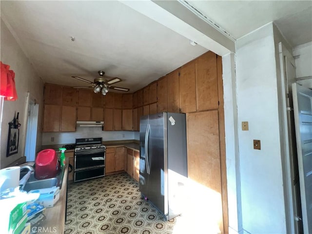 3855 Maine Ave, Baldwin Park, CA 91706 - kitchen featuring gas range, stainless steel refrigerator with ice dispenser, ceiling fan, and brown cabinetry