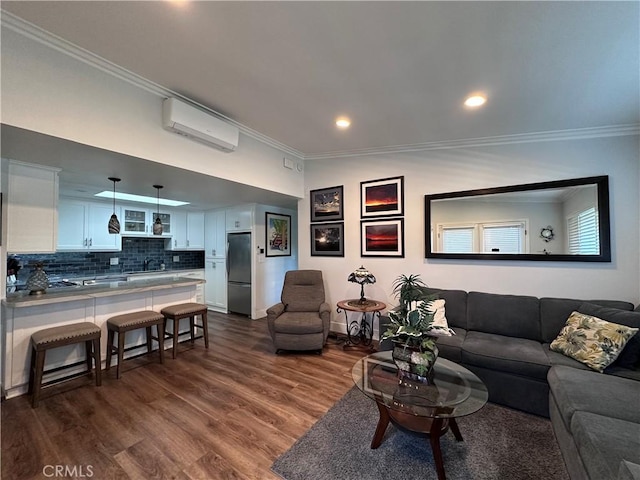 1501 Pelham Unit 127F, Seal Beach, CA 90740 - living area featuring crown molding, an AC wall unit, dark wood-style floors, and recessed lighting