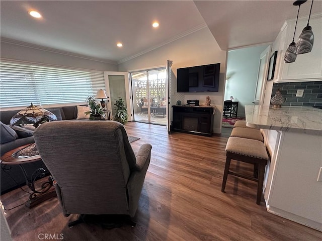 1501 Pelham Unit 127F, Seal Beach, CA 90740 - living area featuring ornamental molding, dark wood-type flooring, and recessed lighting