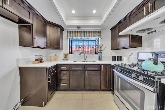 3687 Durfee Ave Unit 3, El Monte, CA 91732 - kitchen featuring gas stove, under cabinet range hood, crown molding, a tray ceiling, and light countertops