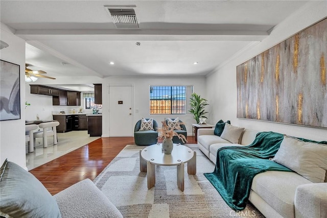 3687 Durfee Ave Unit 3, El Monte, CA 91732 - living area with plenty of natural light, wood finished floors, beam ceiling, a ceiling fan, and recessed lighting